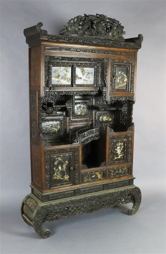 A Japanese Meiji period carved wood and shibayama cabinet, W.3ft 10in. D.1ft .5in. H.6ft 2in.